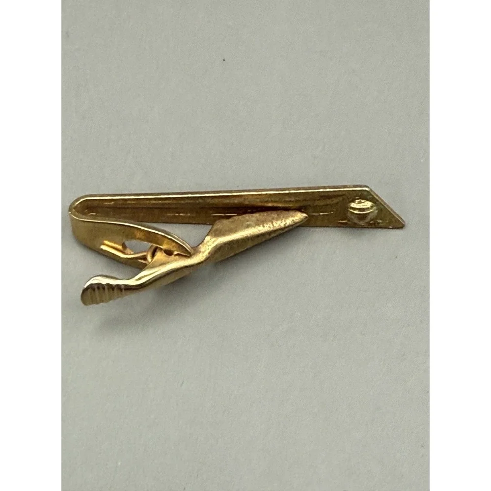 Gold Tone Tie Bar Clip Faux Pearl Etched Line Pattern Men Accessory 1.75 Inch